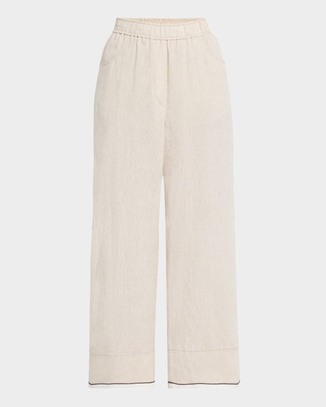 Monili-Trim Linen Wide-Leg Crop Pull-On Pants